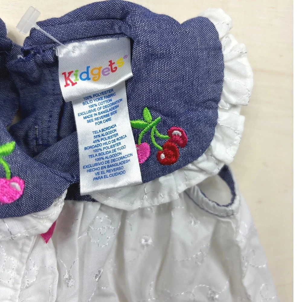Kidgets Baby Girl Cherry Denim Eyelet Dress White Blue 0-3 Months